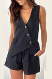 Casual Daily Buttons Irregular V Neck Sleeveless Two Pieces