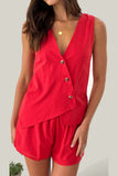 Casual Daily Buttons Irregular V Neck Sleeveless Two Pieces