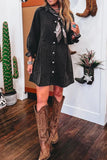 Casual Distressed Patchwork Turndown Collar Three Quarter Loose Denim Dresses