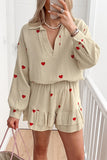 Casual Love Print Patchwork Ruffle V Neck Long Sleeve Two Pieces