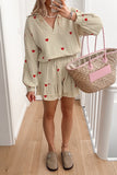 Casual Love Print Patchwork Ruffle V Neck Long Sleeve Two Pieces