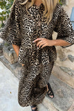 Casual Leopard Lace Up Contrast O Neck Short Sleeve Two Pieces