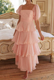 Casual Backless Flounce Square Neck Cake Skirt Dresses