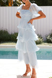Casual Backless Flounce Square Neck Cake Skirt Dresses