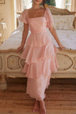 Casual Backless Flounce Square Neck Cake Skirt Dresses