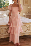 Casual Backless Flounce Square Neck Cake Skirt Dresses