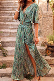 Bohemian College Floral Patchwork With Belt V Neck Waist Skirt Dresses(5 Colors)