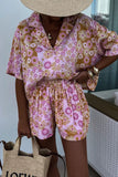 Casual Street Floral Print Patchwork Turndown Collar Short Sleeve Two Pieces