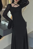 Party Elegant Ruffle Cross Straps Ruched Mesh Square Neck Long Dresses