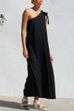 Casual Lace Up Irregular Sloping Shoulder Long Dresses