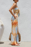 Sexy Tie Dye Print Pocket Lace Up V Neck Loose Jumpsuits