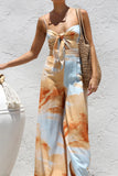 Sexy Tie Dye Print Pocket Lace Up V Neck Loose Jumpsuits