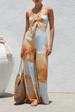 Sexy Tie Dye Print Pocket Lace Up V Neck Loose Jumpsuits