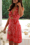 Casual Geometric Print Lace Up Backless Contrast Halter A Line Dresses