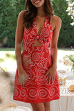 Casual Geometric Print Lace Up Backless Contrast Halter A Line Dresses
