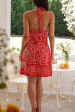Casual Geometric Print Lace Up Backless Contrast Halter A Line Dresses