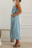 Elegant Solid Color Buttons Patchwork V Neck Sleeveless Denim Dresses