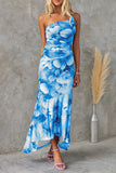 Sexy Print Flowers Flounce Oblique Collar Sleeveless Dresses