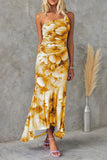 Sexy Print Flowers Flounce Oblique Collar Sleeveless Dresses