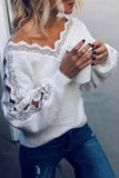 dasiuip V Neck Lace Patchwork White Sweater